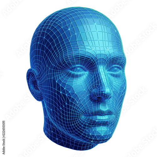 Blue digital wireframe human head on transparent background