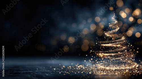 Golden shimmering particles coalesce into an elegant abstract christmas tree shape, creating a festive and luxurious background with sparkling glitter and soft bokeh lights. Copy space