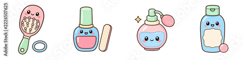Cute pastel toiletry bottle, lotion pump and makeup brush with oval mirror