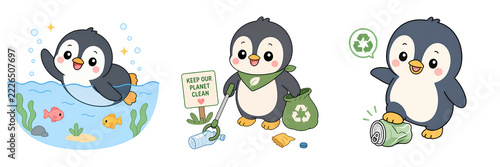 Cartoon penguin ocean recycling conservation clean environment plastic waste