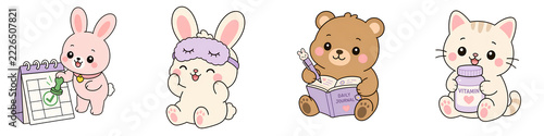 Cute animal character illustration with varied habits, including planning, resting, reading, and healthy daily care