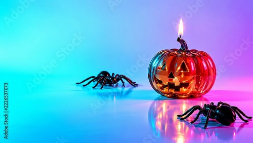 Luxury Glass Halloween Pumpkin with Glowing Flame and Black Spiders in Neon Cyan and Magenta Studio Lighting
