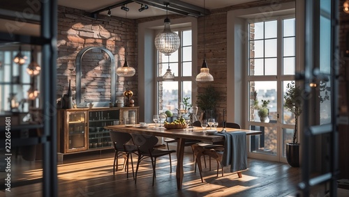 Sunlit dining room with exposed brick and tall windows