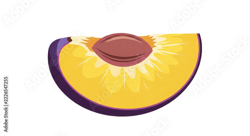 Fresh plum slice featuring yellow flesh purple skin and a brown pit