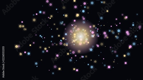 Obraz na plátně Abstract background, with colorful glowing, bokeh particles on, a dark backdrop,