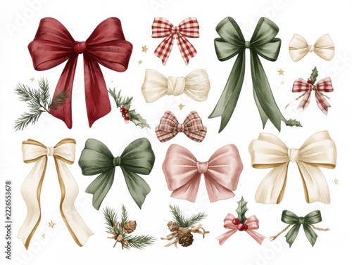 Festive collection of red and green holiday bows with pine cones and holly decorations