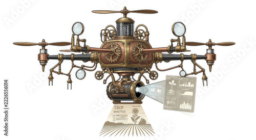 Steampunk drone technology featuring brass gears magnifying lenses