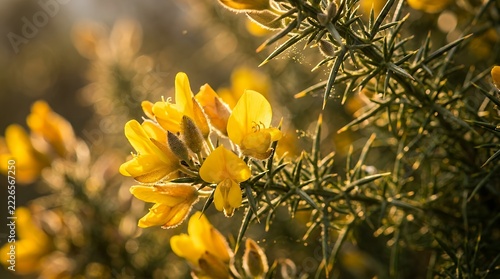Macro shotbrilliant golden wild shrub blossoms and prickly green branches glowing under warm sun rays featuring soft blur close up bright yellow gorse blossoms spiky stems warm