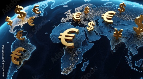 Golden currency symbols like dollar, euro float over digital world map. Global finance concept shows money exchange, international trade. Earth globe with glowing continents represents worldwide