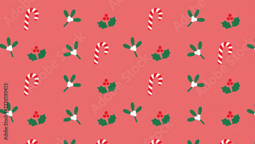 Seamless Christmas Pattern Candy Canes Mistletoe and Holly Berries on Soft Red