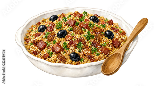 Watercolor Brazilian Christmas Farofa Toasted Cassava Flour with Bacon and Olives