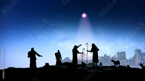 Fotografie Shepherds Silhouettes Looking at Star of Bethlehem Over Ancient Town on Christma