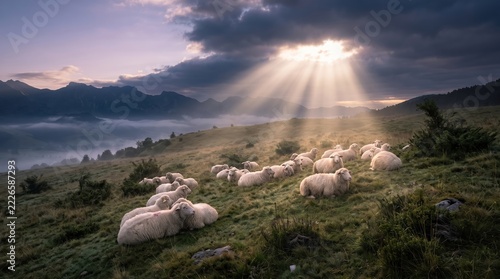 Majestic sunrise over mountain pasture with flock of sheep resting under dramatic sunbeams and misty valley