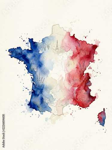 France Map with French Flag Colors, Geographic Silhouette and Creative Cartographic Designs