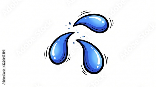 Cartoon style illustration of three blue water droplets splashing isolated on a white background.