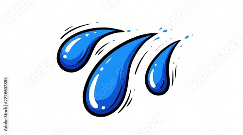 Cartoon style illustration of three blue water droplets splashing against a white background.