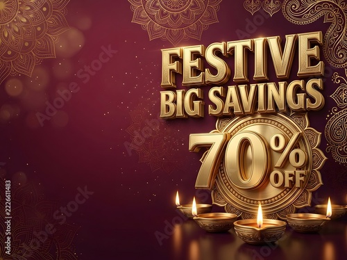 Festive big savings 70 percent off promotion with golden diya lamps and intricate mandala art on dark background