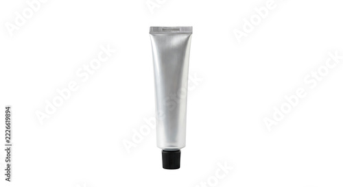 silver metallic squeeze tube with black cap, minimalist cosmetic packaging for skincare products, beauty creams, lotions, and personal care branding