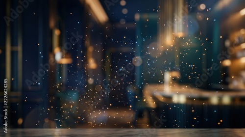 Abstract dark blue restaurant interior background with blurred festive lights.