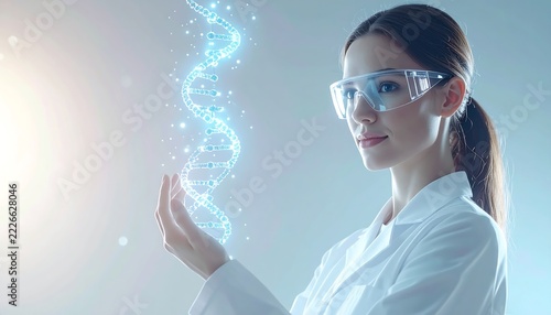 Female scientist wearing protective safety goggles observing glowing digital dna helix strand inside laboratory