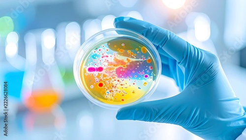 Scientist holding petri dish with colorful bacterial colonies during microbiological research in bright laboratory