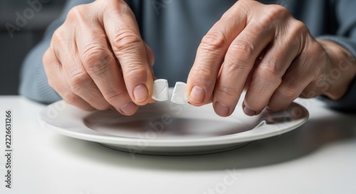 Elderly hands break a pill in half over a white plate, symbolizing dosage adjustment, medication management, and health care challenges for seniors.