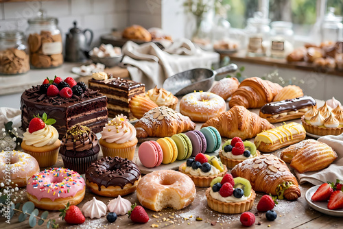 Freshly baked chocolate cupcakes on a tray displayed at a gourmet bakery market