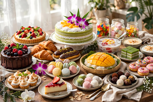 Freshly baked delicious cupcakes topped with rich cream and juicy berries served on a tray at a dessert table