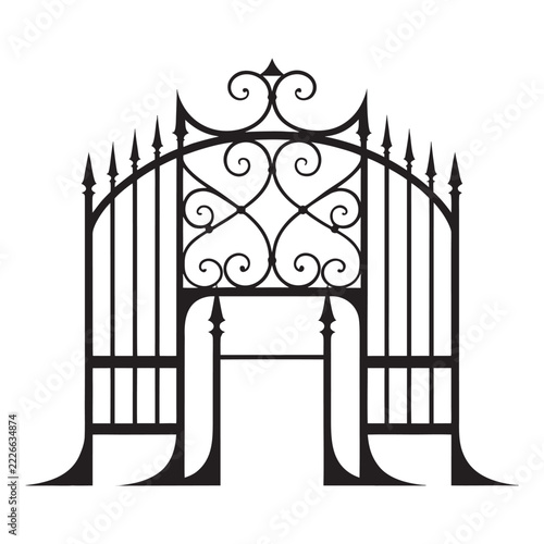 Ornate Wrought Iron Gate Black Silhouette with Decorative Scrollwork