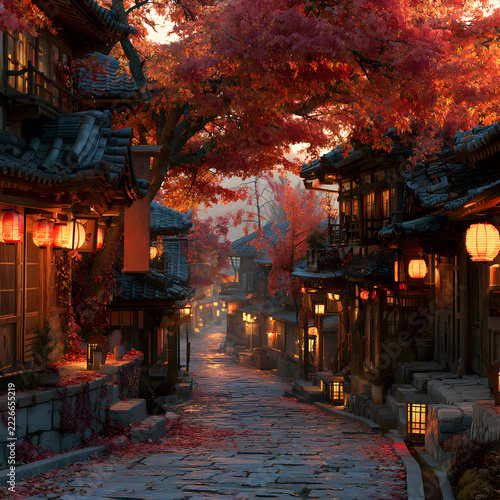 Traditional Japanese Town Street in Autumn with Red Maple Leaves and Stone Steps