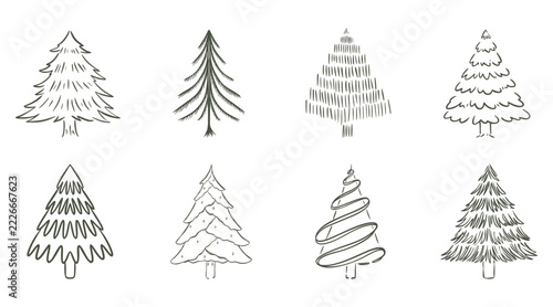 set of hand drawn Christmas tree illustration