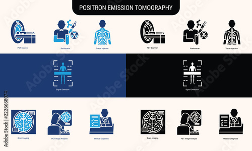 Positron Emission Tomography style glyph and two color Icons. PET Scan, Radiotracer and Medical Imaging Vector Set