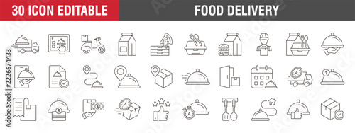 Collection of food delivery. Delivery service, fast food, courier, express. Vector template editable stroke EPS 10.