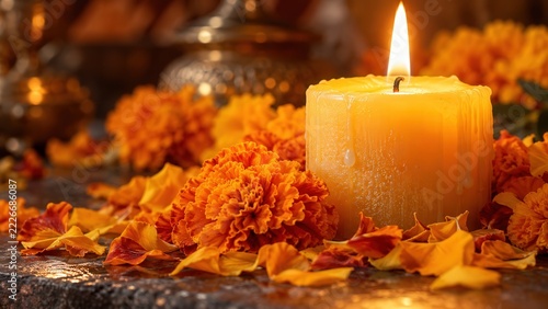 Glowing yellow candle burns brightly amidst vibrant orange marigold flowers during traditional ritual altar observance ceremony