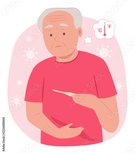Sick Senior Man Taking Temperature by Thermometer for Fever Concept Illustration Clip Art