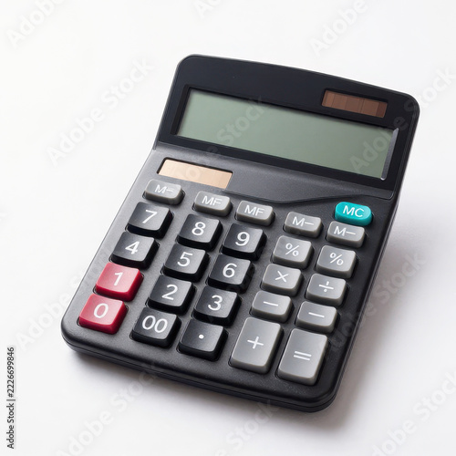 Modern black electronic calculator on white background
