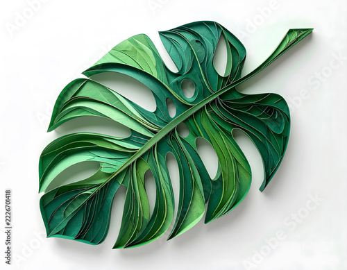 An elegant monstera leaf created from layers of green tonal paper quilling strips
