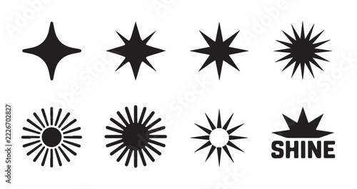Black celestial spark and sunburst silhouette elements set for retro graphic design style.