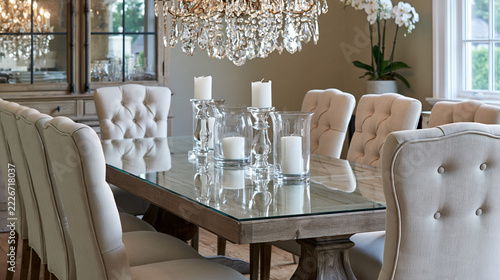 Luxury dining room interior featuring a large wooden table with glass top, crystal chandelier and elegant upholstered chairs