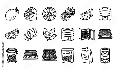 Dried Lemon Slices and Food Dehydrator Line Icons Vector Set