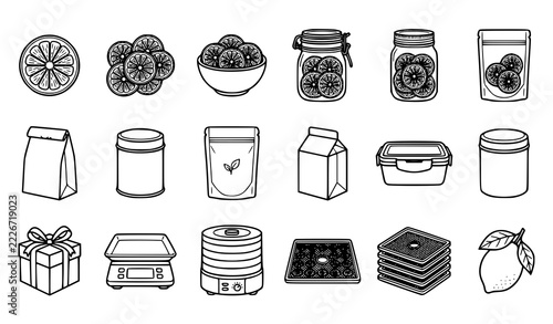 Dried Lemon Products and Packaging Container Outline Icon Collection