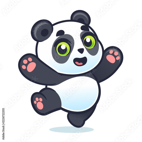 Cute Cartoon Panda Jumping with Paws Raised, Happy Baby Panda Character with Green Eyes and Pink Paw Pads Isolated on White Background