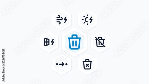 Street Sweeper Cleaner Robot City Utility Automated 7 Vector Icon Set Hexagon Honeycomb Tech Layout Isolated Background