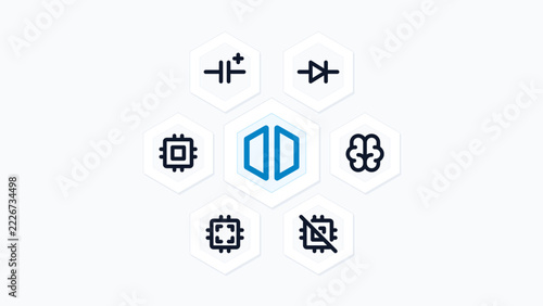 Neuromorphic AI Silicon Brain Microchip Cognitive Hardware 7 Vector Icon Set Hexagon Honeycomb Tech Layout Isolated Background