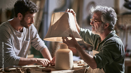 Two men adjusting a fabric lampshade at a wooden table