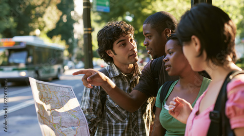 Group discussing a folded map near a bus