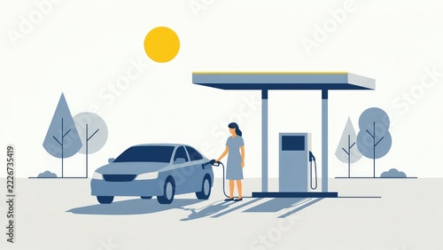 Illustration style, filling up a car,. Electric car charging beside solar roof in flat vector illustration