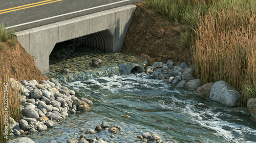 Road culvert above a rocky stream with fish