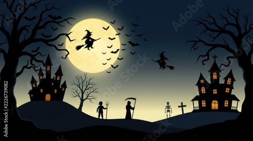 Spooky Halloween night background illustration featuring a haunted house, full moon, flying bats, and scary carved pumpkins under a dark sky