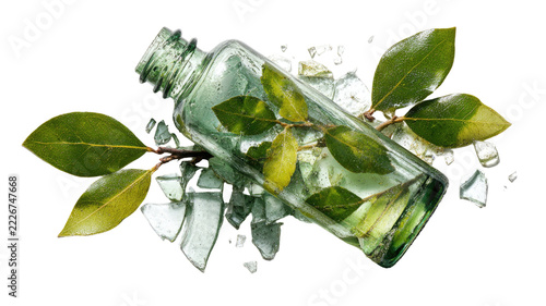 Broken Transparent Glass Bottle with Green Botanical Leaves and Scattered Sharp Glass Fragments Representing Environmental Sustainability Isolated on Transparent Background